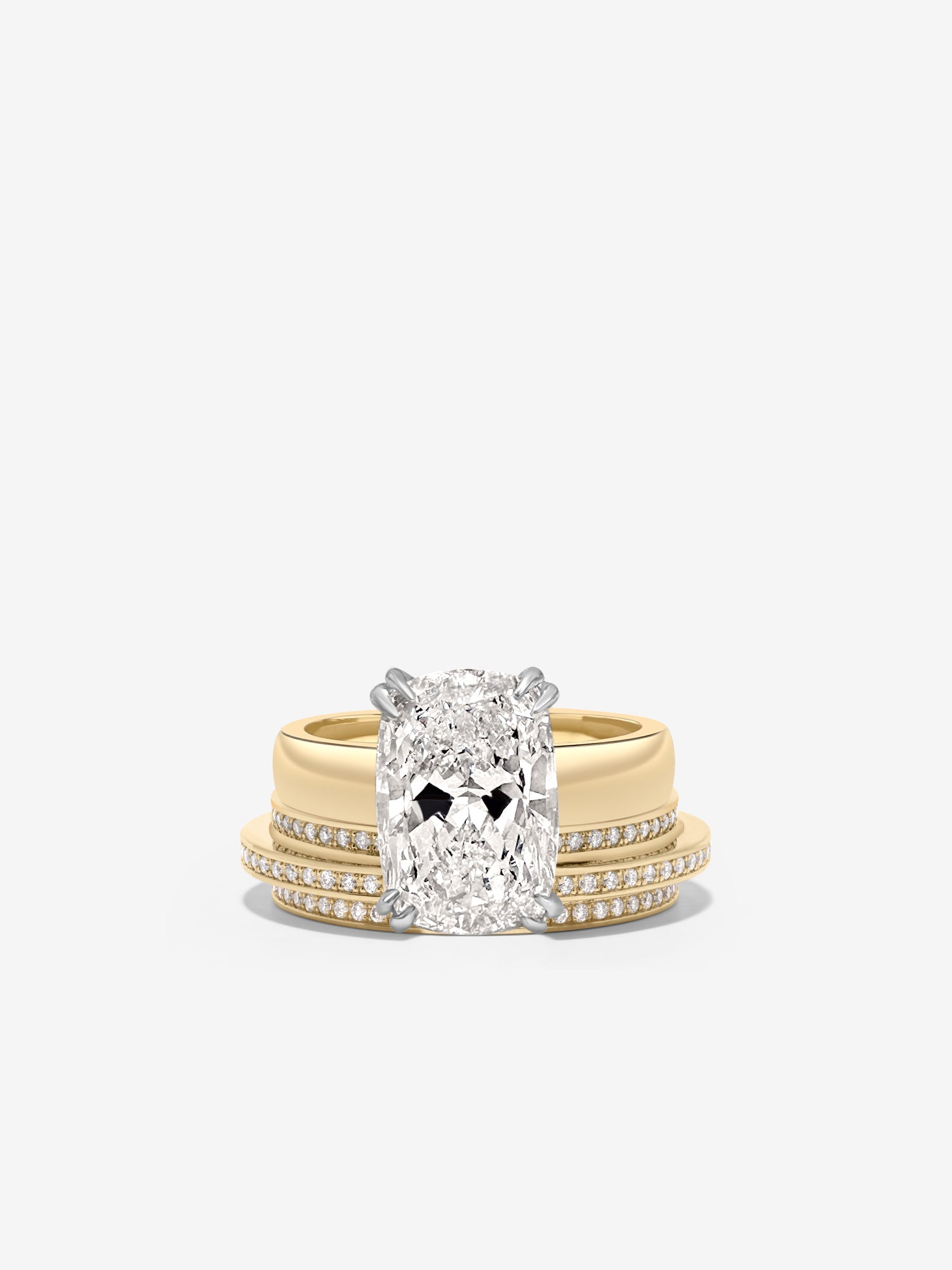Custom Cushion Diamond Ring & Silhouette 3-Tier Staircase Pave Diamond Ring