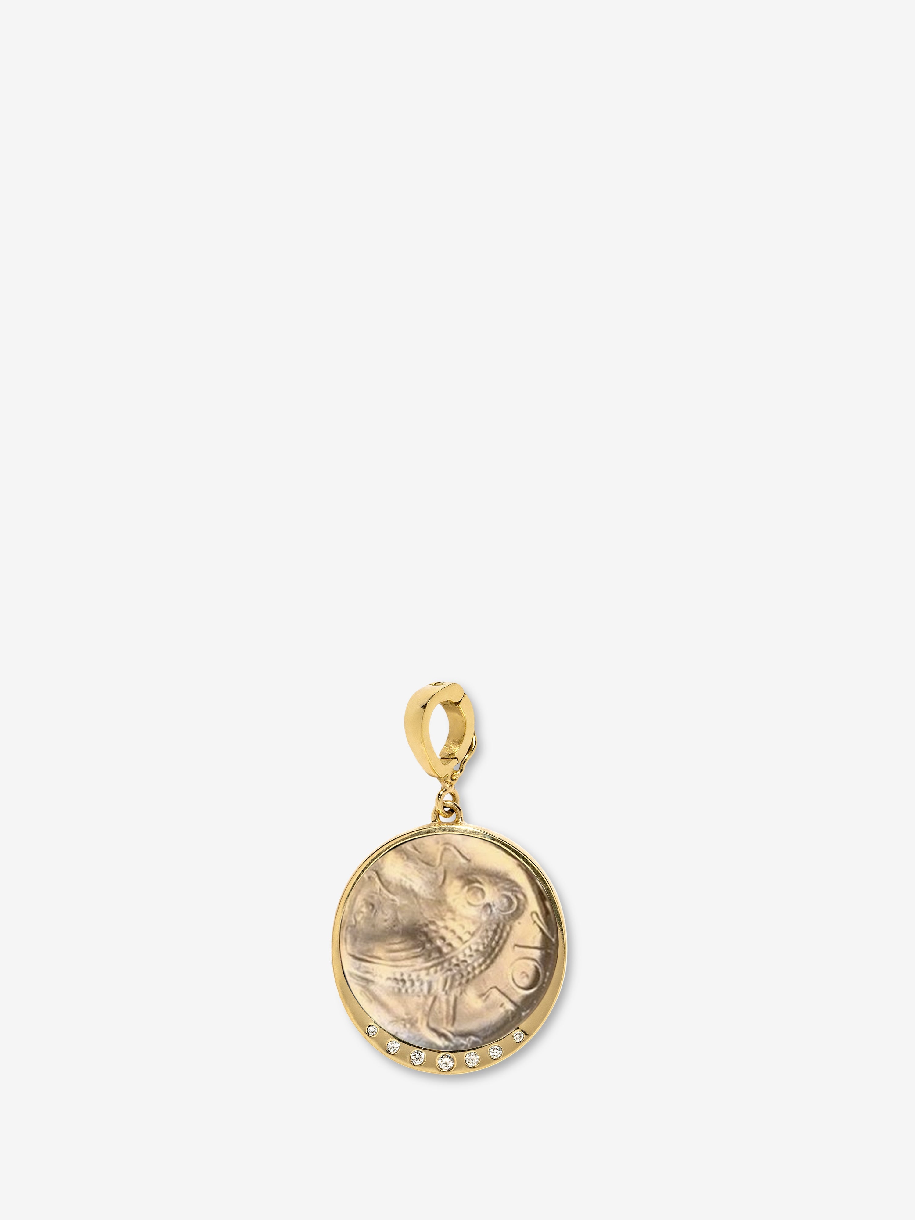 Owl of Athena Venetian White Glass Coin Charm with Scattered Diamonds